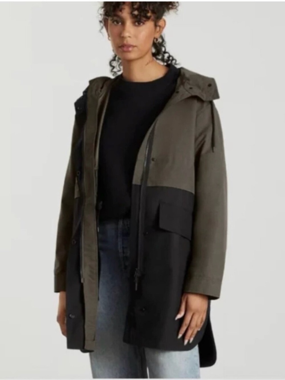 Everlane Olive & Black Renew Anorak Two-Tone Hooded Utility Jacket